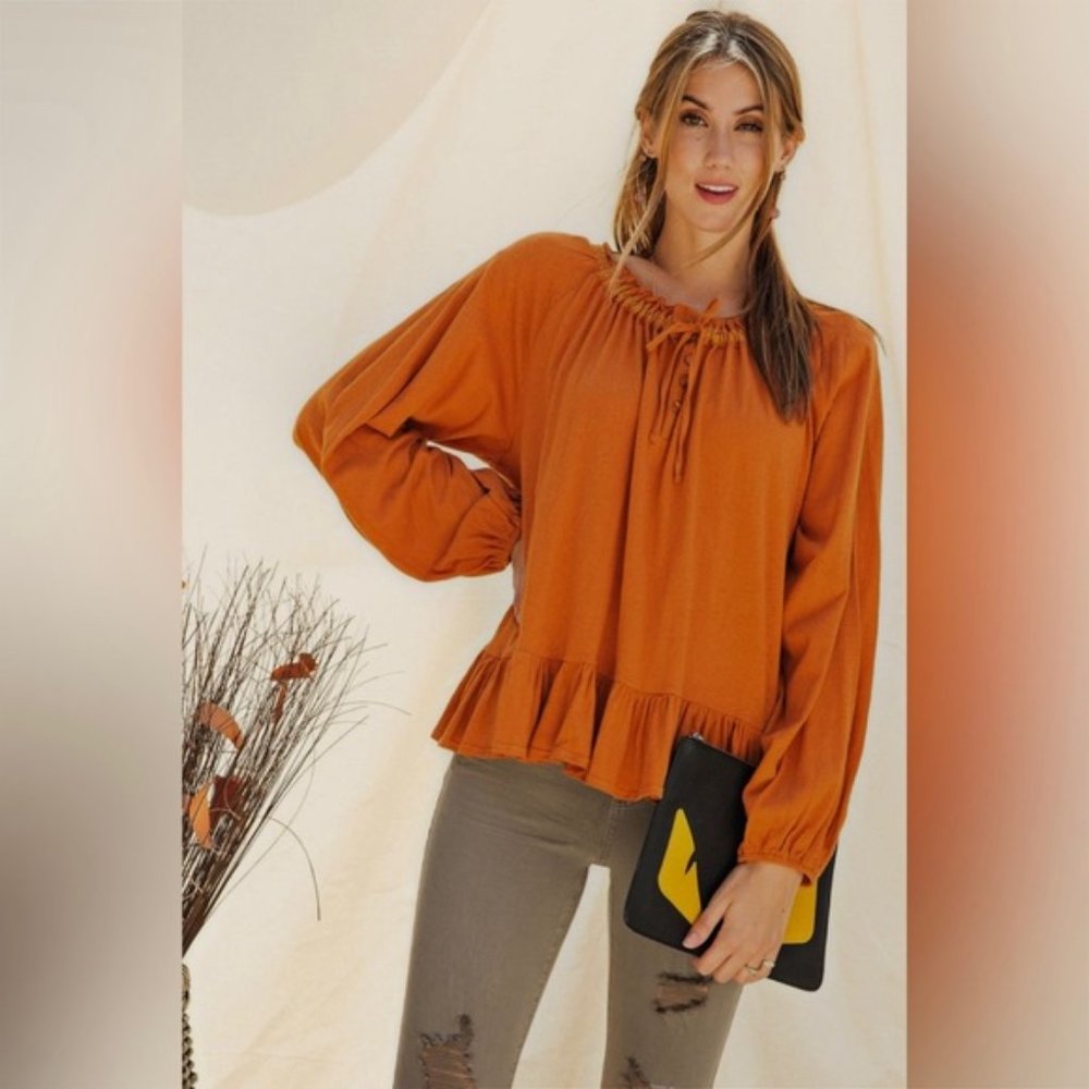Easel Erica Long Sleeve Cotton Slub Henley Babydoll Tunic Pumpkin Orange Medium - Picture 4 of 14